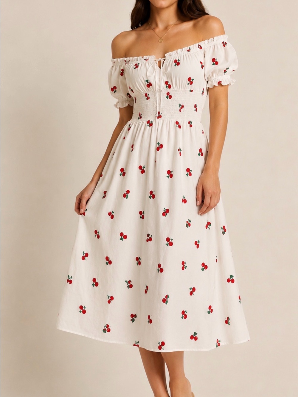 Hippie Nomad Cherry Embroidered Off Shoulder Midi Dress Medium